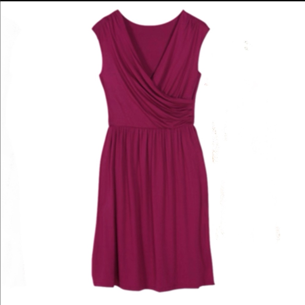 Gilli Brooklyn Jersey Dress wrap neck gathered waist - Raspberry (Size Small)